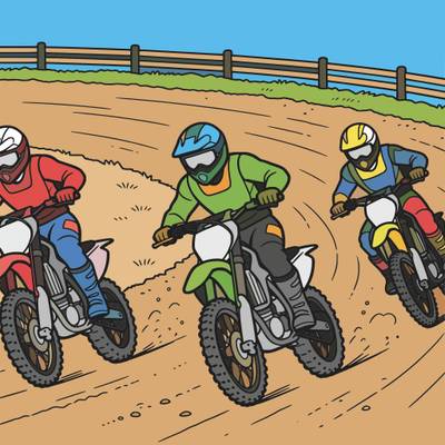 Fargelagt versjon: Tre motocross-sykler i løp på bane