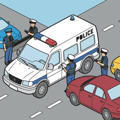 Versão colorida: Van da polícia em blitz na estrada