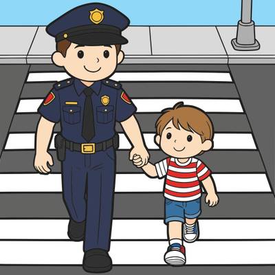 Versão colorida: Policial ajudando criança a atravessar