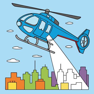 Versão colorida: Helicóptero policial sobre a cidade