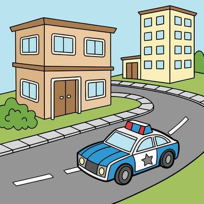 Versão colorida: Carro de polícia numa rua da cidade