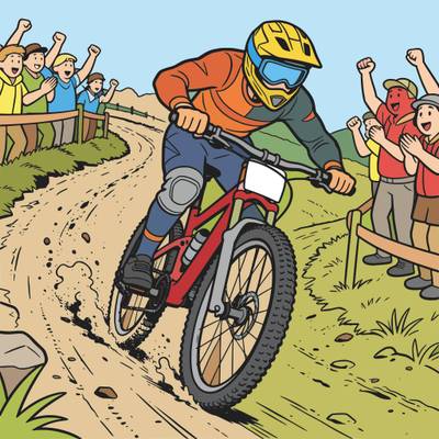 Väritetty versio: Alamäkipyöräilijä kilpailussa yleisön edessä