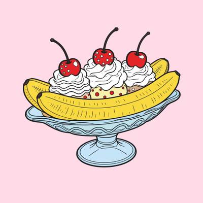 Version coloriée : Banana split détaillé aux cerises