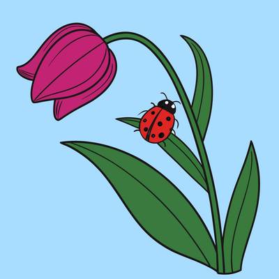 Versão colorida: Tulipa de lado com joaninha