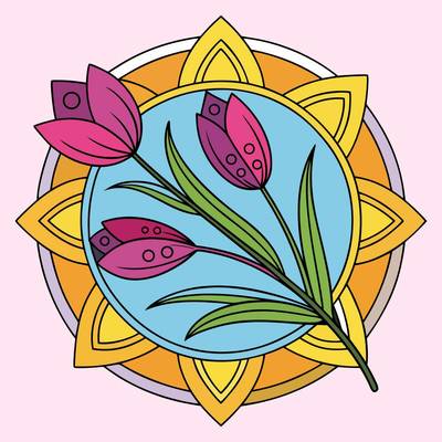 Versão colorida: Mandala circular com tulipas