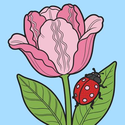 Versão colorida: Tulipa detalhada com joaninha na folha
