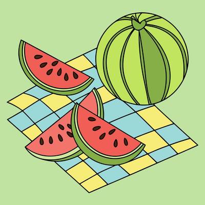 Ingekleurde versie: Watermeloen op een picknickkleed