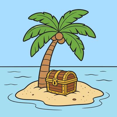 Versão colorida: Coqueiro e baú do tesouro na ilha