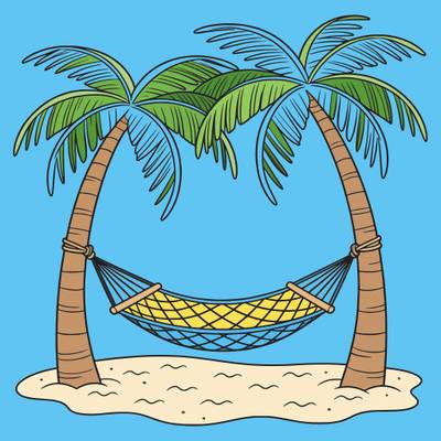 Versão colorida: Rede entre coqueiros na praia