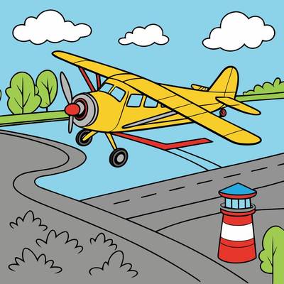 Colored version: Airplane by the airport runway
