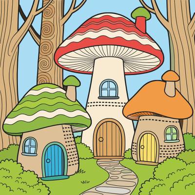 Version coloriée : Village d’elfes aux maisons champignons