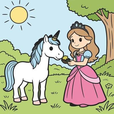Ausgemalte Version: Prinzessin füttert ein Einhorn