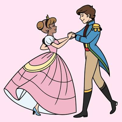 Ausgemalte Version: Prinzessin und Prinz beim Tanzen