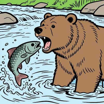 Farvelagt version: Detaljeret grizzlybjørn med laks