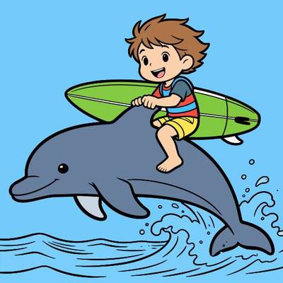 Ingekleurde versie: Dolfijn met surfend kind