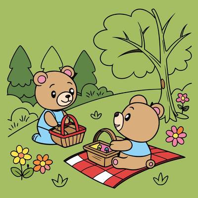 Farvelagt version: Bamser på picnic i naturen