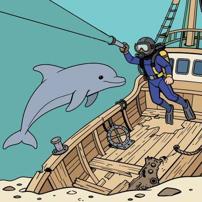 Ingekleurde versie: Dolfijn en duiker bij een scheepswrak