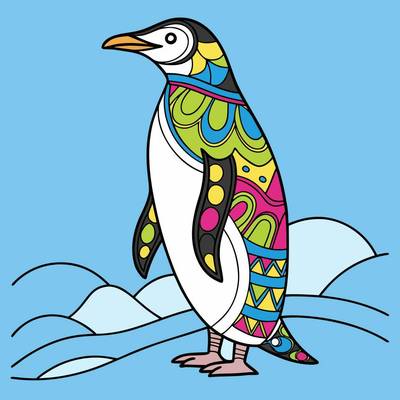 Fargelagt versjon: Zentangle-pingvin i snødekte åser
