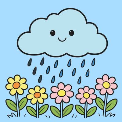 Ausgemalte Version: Regenwolke über einem Blumengarten