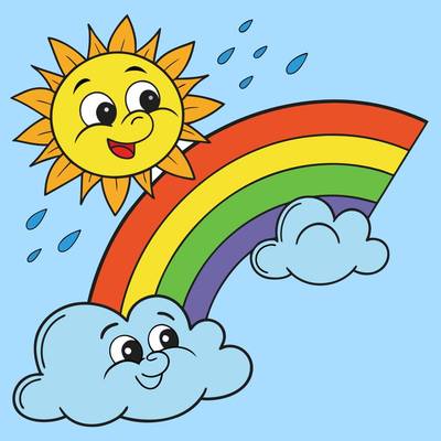 Ausgemalte Version: Fröhliche Wolke mit Regenbogen und Sonne