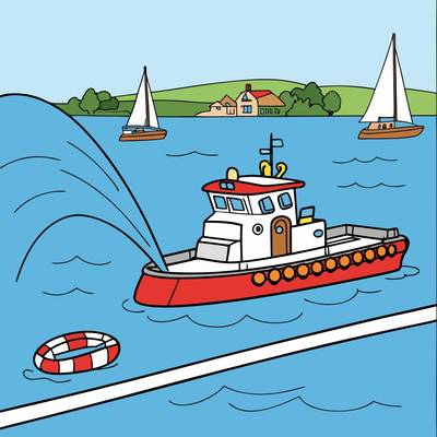 Versão colorida: Barco de bombeiros no porto