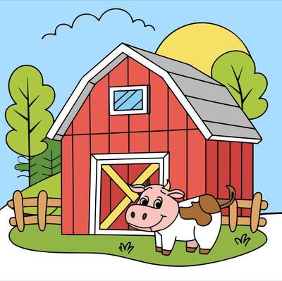 Version coloriée : Grange avec vache devant