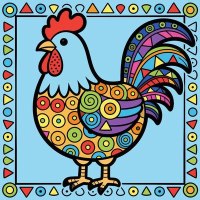 Ausgemalte Version: Einfacher Zentangle-Hahn im geometrischen Rahmen