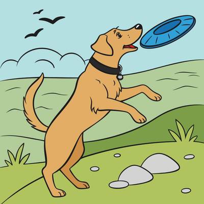 Version coloriée : Chien détaillé à la plage avec frisbee
