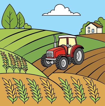 Colored version: Tractor in a farm field