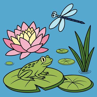Version coloriée : Grenouille simple sur un nénuphar à l’étang