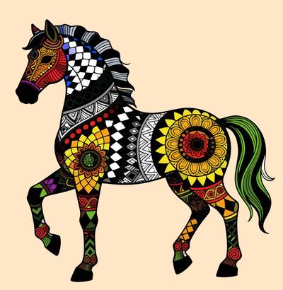 Ausgemalte Version: Detailliertes Pferd im Zentangle-Stil