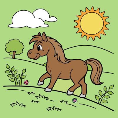 Ausgemalte Version: Comic-Pferd auf der Weide bei Sonnenuntergang