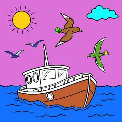 Fargelagt versjon: Fiskebåt med måker