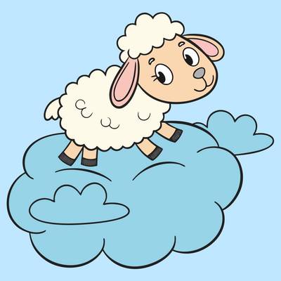 Farvelagt version: Får på en sky i kawaii-stil