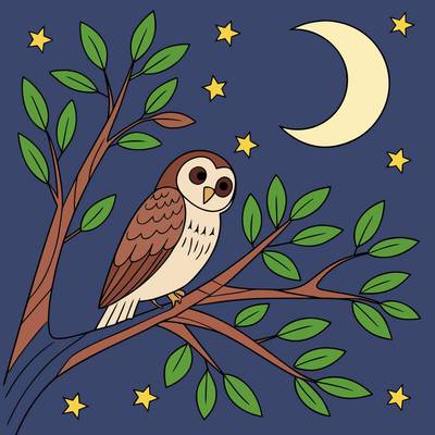 Colored version: Detailed owl on a moonlit branch