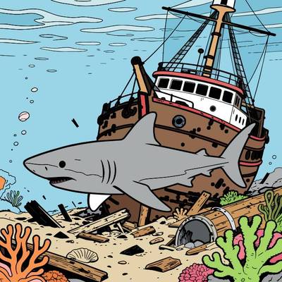Colored version: Shark swimming past a sunken shipwreck