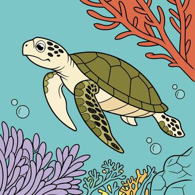 Ingekleurde versie: Gedetailleerde zeeschildpad in koraalrif