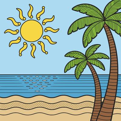 Ausgemalte Version: Sonnenuntergang am Meer mit Palmen