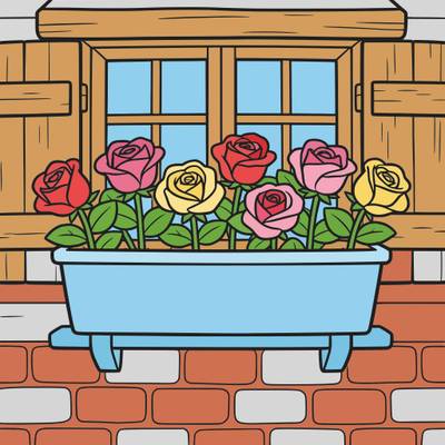 Färglagd version: Rosor i blomlåda vid stugfönster