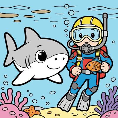 Colored version: Cute shark with diver and fish
