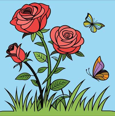 Färglagd version: Rosblommor med fjärilar