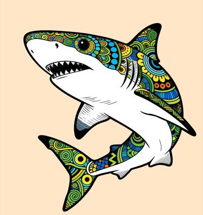 Colored version: Detailed patterned zentangle shark