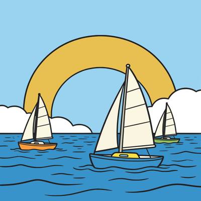 Ausgemalte Version: Segelboote auf dem Meer bei Sonnenuntergang