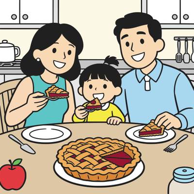 Ausgemalte Version: Familie teilt Apfelkuchen