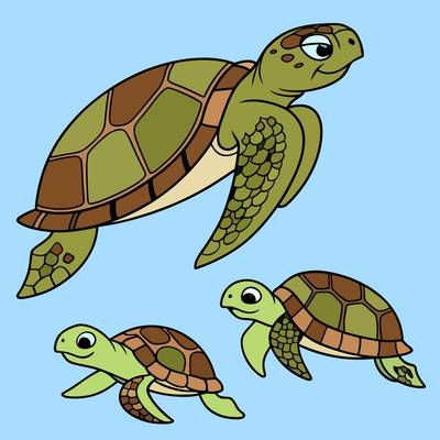 Ingekleurde versie: Gedetailleerde familie zeeschildpadden