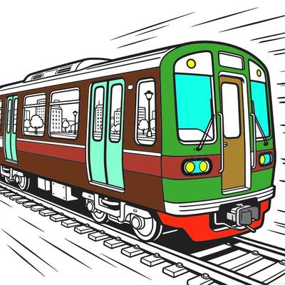 Colored version: Subway train with city views in windows