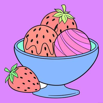 Ausgemalte Version: Erdbeeren und Eisbecher