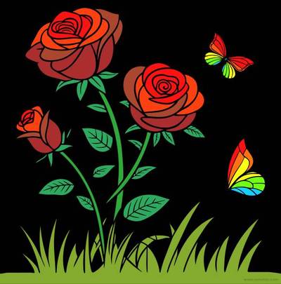 Ingekleurde versie: Rozenbloemen met vlinders