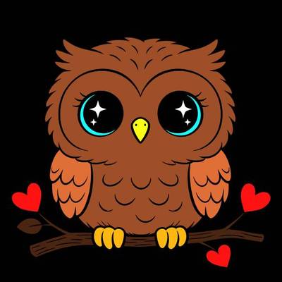 Versão colorida: Coruja kawaii no galho com corações