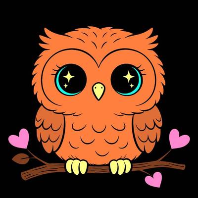Versão colorida: Coruja kawaii no galho com corações